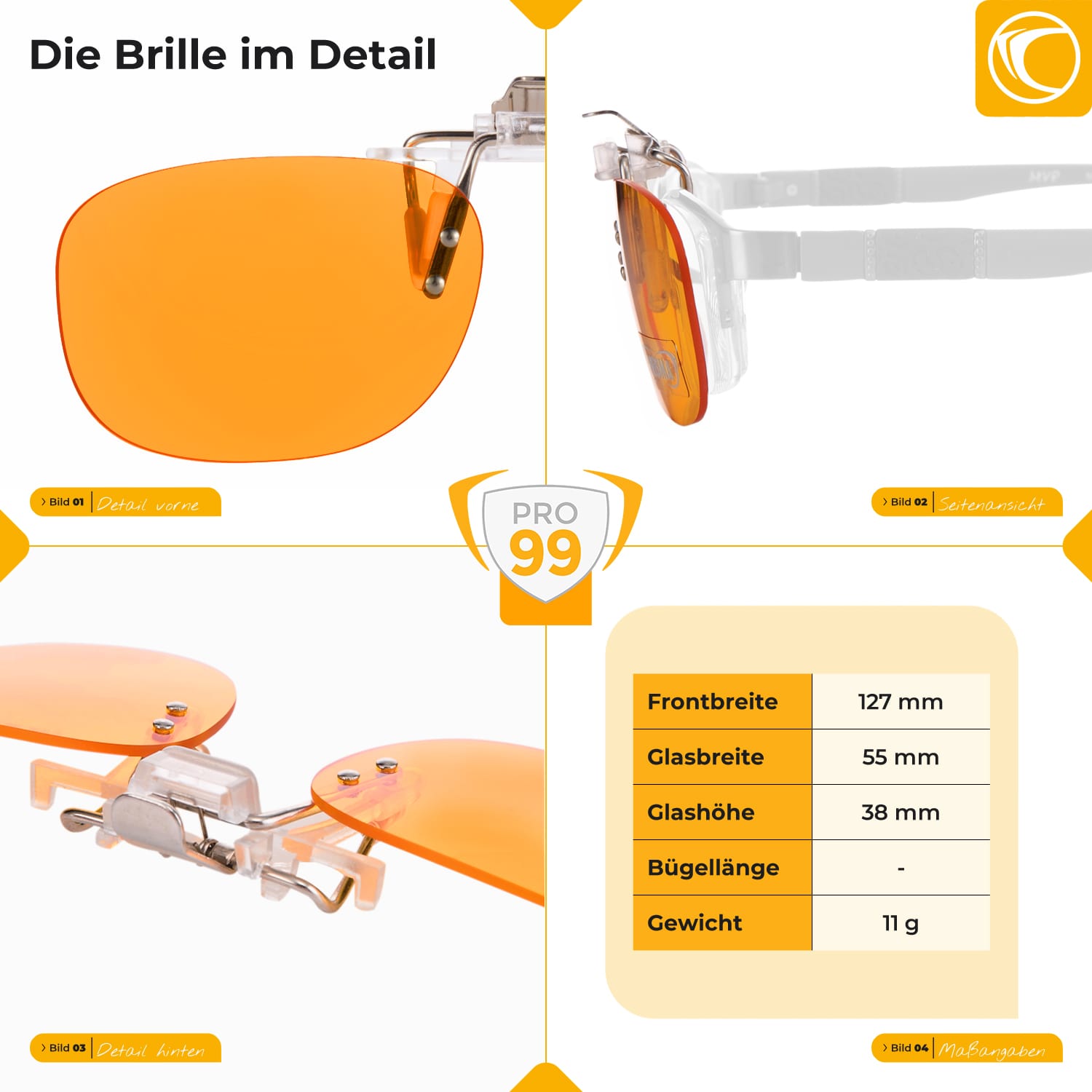 Detaillierte Abmessungen des PRISMA PRO99 Clip-On Blaulichtfilters – Glasgröße, Nasensteg und Bügelmaße für universelle Passform auf fast allen Brillen