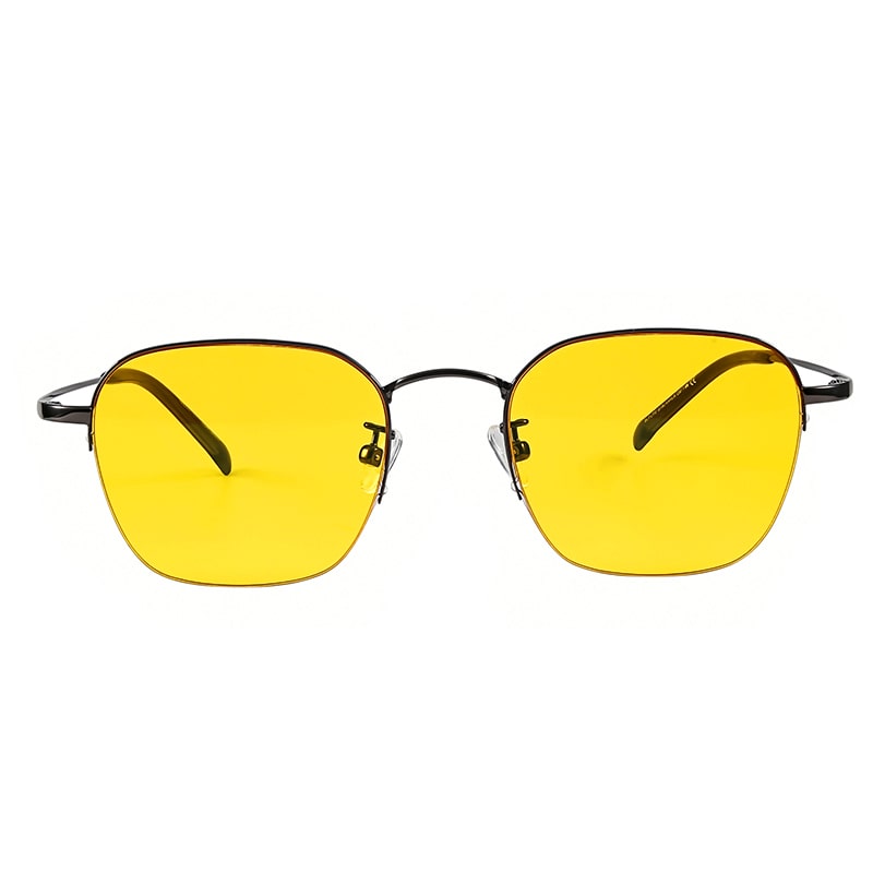 Frontansicht der Blaulichtfilterbrille KAHLA EASY90 mit bernsteinfarbenen Gläsern und filigraner Halbrahmenfassung