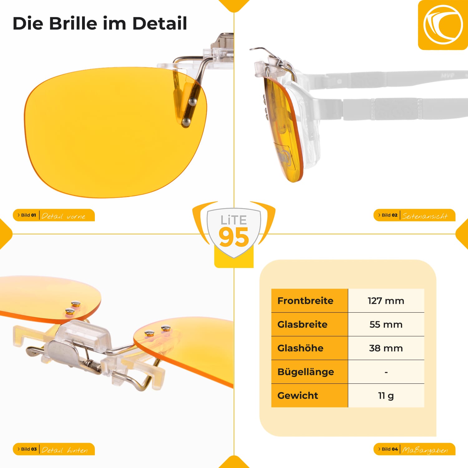 Abmessungen Bildschirmbrille Clip On Lite