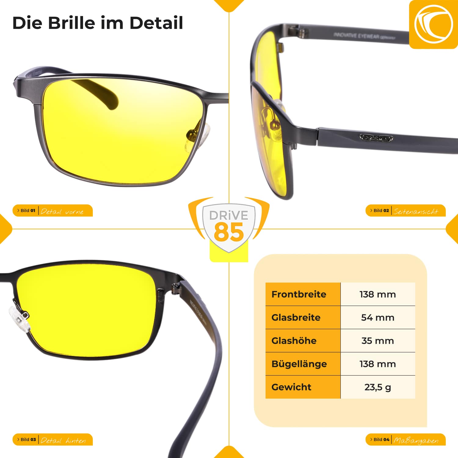 Size overview of PRiSMA WIESBADEN DRIVE85 driving glasses – dimensions for temple width, temple length, nose bridge, and weight; ergonomic and lightweight for high wearing comfort
