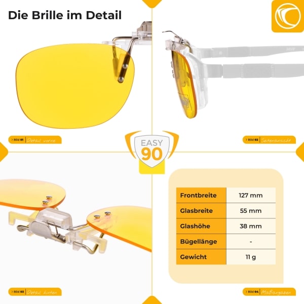 Abmessungen des PRiSMA EASY90 Clip-On Blaulichtfilters – detaillierte Angaben zu Glasgröße, Nasensteg und Bügelbreite für optimale Passform auf gängigen Brillenmodellen