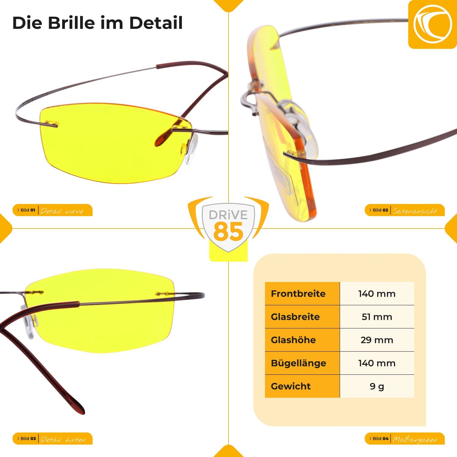 Dimensions of LINDAU DRIVE85 driving glasses: Temple width 14.0 cm, temple length 13.5 cm, nose bridge 2.2 cm, ultra-light titanium design