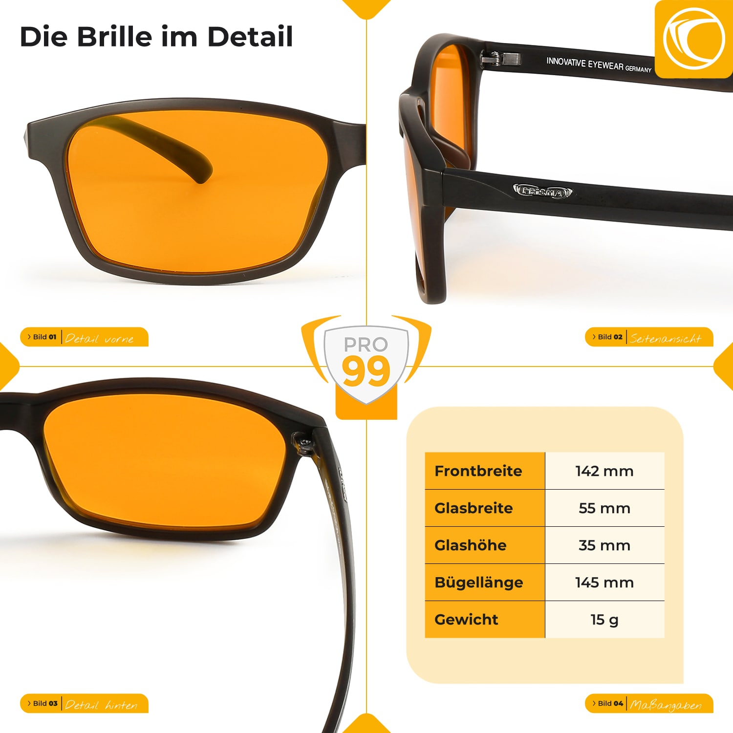 Maße FREIBURG PRO99 Blaulichtfilter-Brille: Bügel 14 cm, Länge 14,5 cm, Nasensteg 1,7 cm, robust & leicht