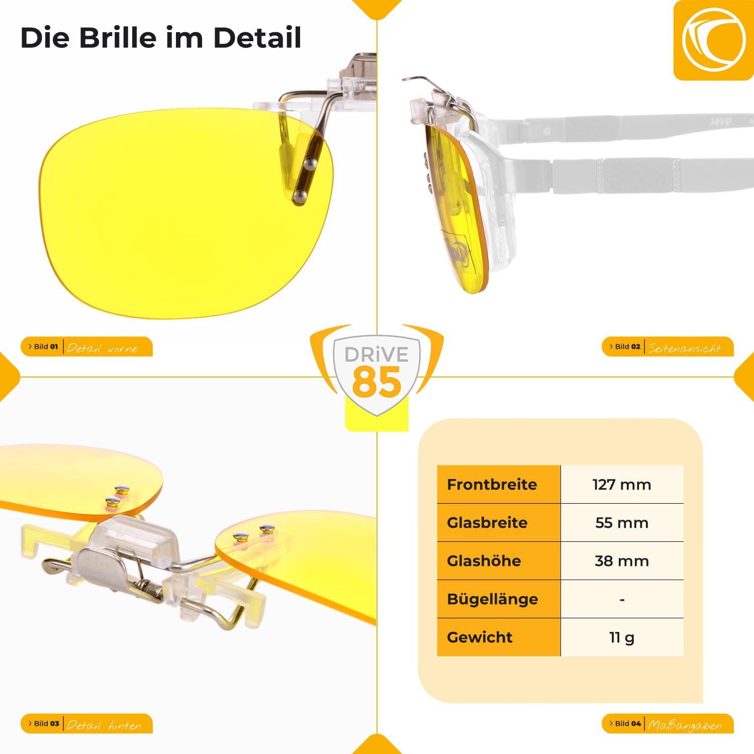 Technical drawing of the DRIVE85 driver's glasses clip with dimensions and detailed view of the sturdy metal clip and filter lens