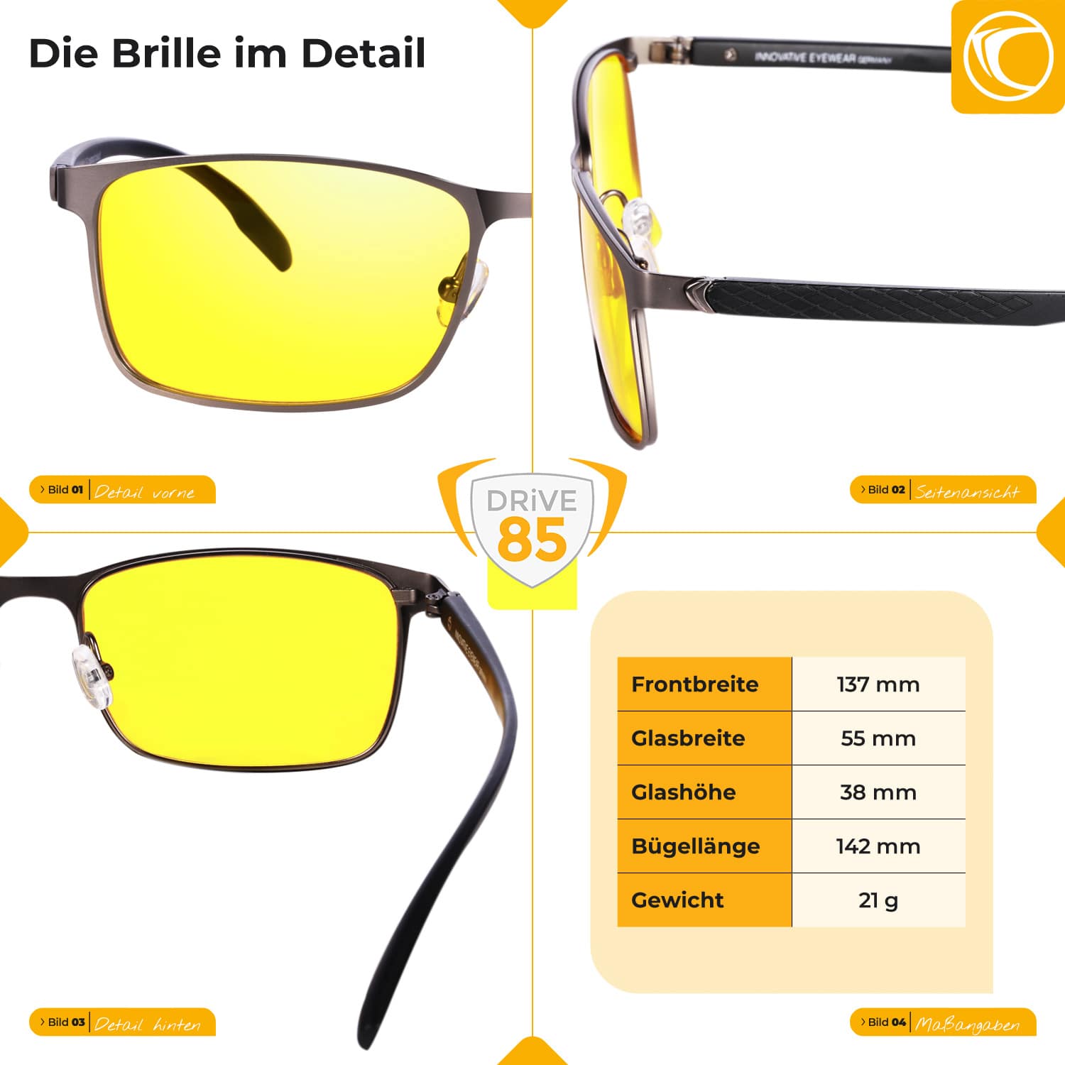 Dimensions of LIMBURG DRIVE85 driving glasses: Temple width 13.7 cm, temple length 13.8 cm, nose bridge 1.8 cm