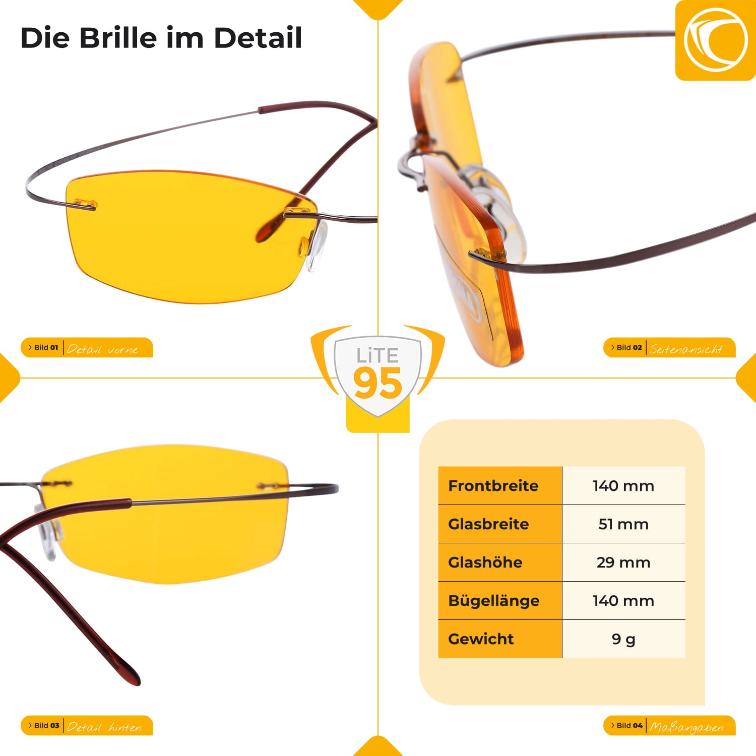 Dimensions LINDAU LITE95 blue light filter glasses – arms 14 cm, bridge 2.2 cm, ultra-lightweight design