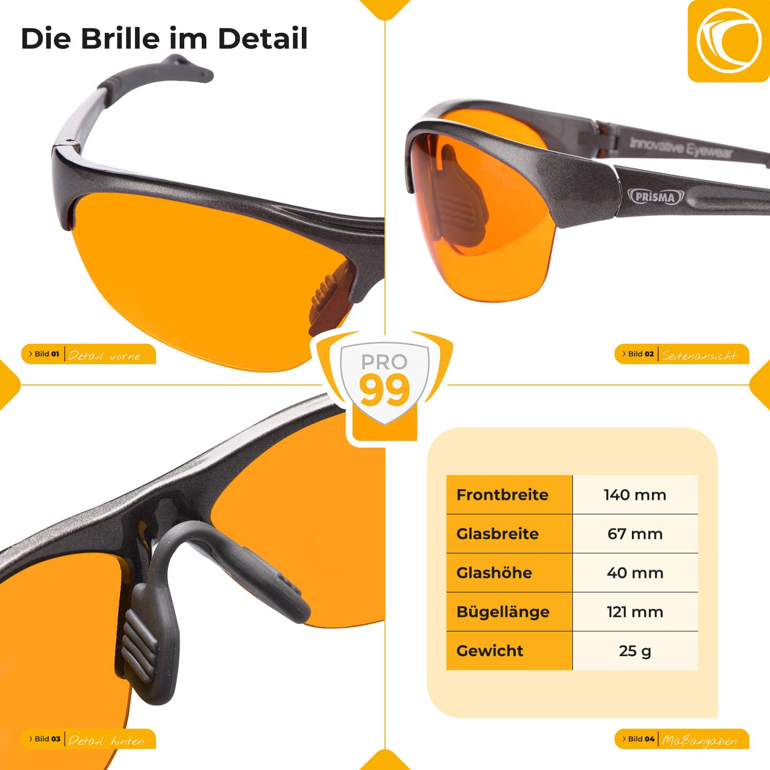 Technische Maße der PRiSMA CLASSIC PRO99 Blaulicht Filterbrille – Angaben zu Bügelbreite, Bügellänge und Nasensteg für ergonomischen Sitz und Komfort