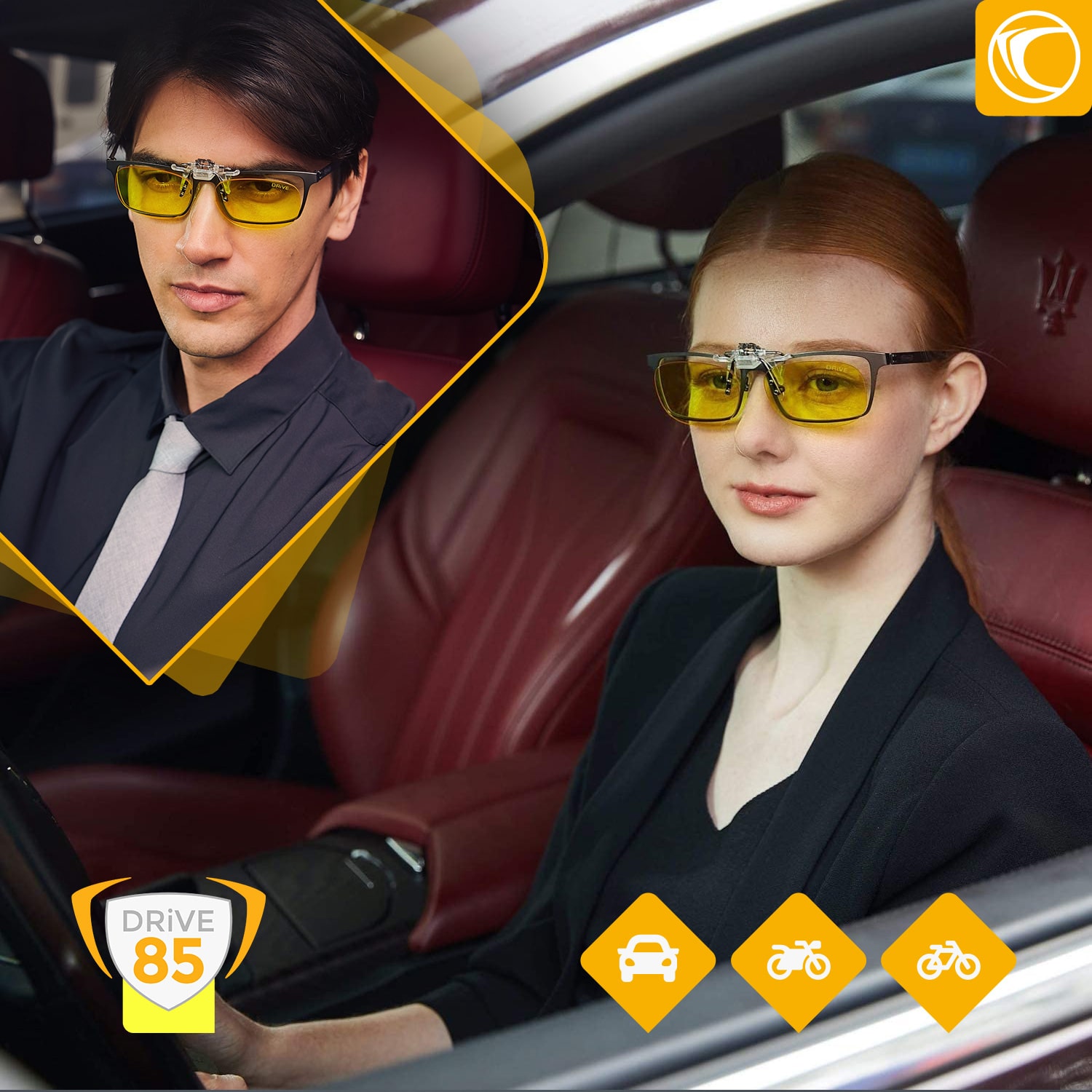 Person wearing DRIVE85 driver's glasses clip at the wheel, blue light filter to prevent glare from LED and xenon headlights for clear vision at night