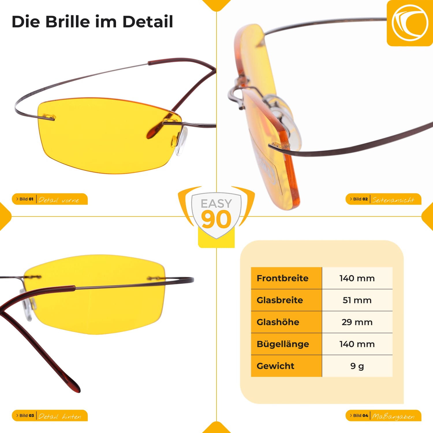 Technische Abmessungen der Blaulichtschutzbrille LINDAU EASY90 aus Titan, leicht und flexibel für maximalen Komfort