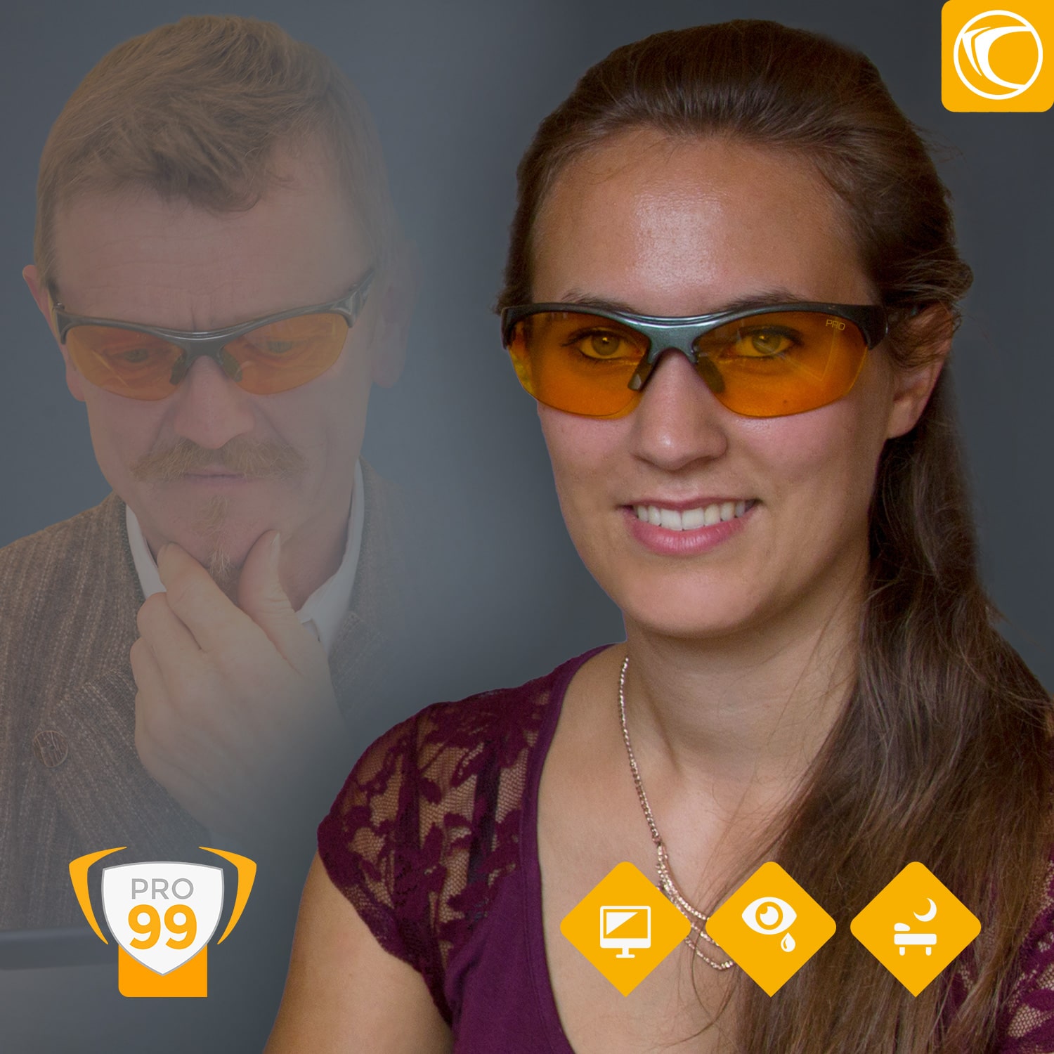 Porträtaufnahme einer Person mit PRiSMA CLASSIC PRO99 Blaulichtfilter-Brille – orange-amberfarbene Gläser mit maximalem Schutz und modernem Design