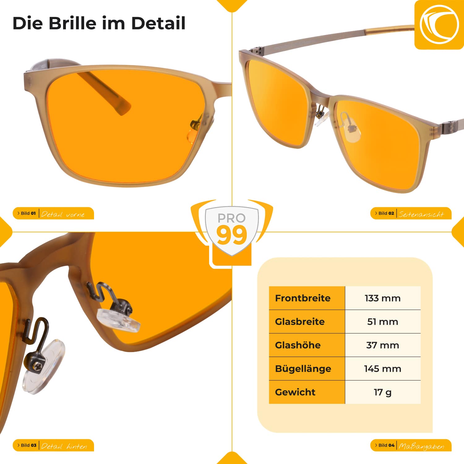 Abmessungen der Blaulichtfilter-Brille Frankfurt PRO99 – Bügelbreite 13,3 cm, Bügellänge 14,5 cm, Nasensteg 2,0 cm