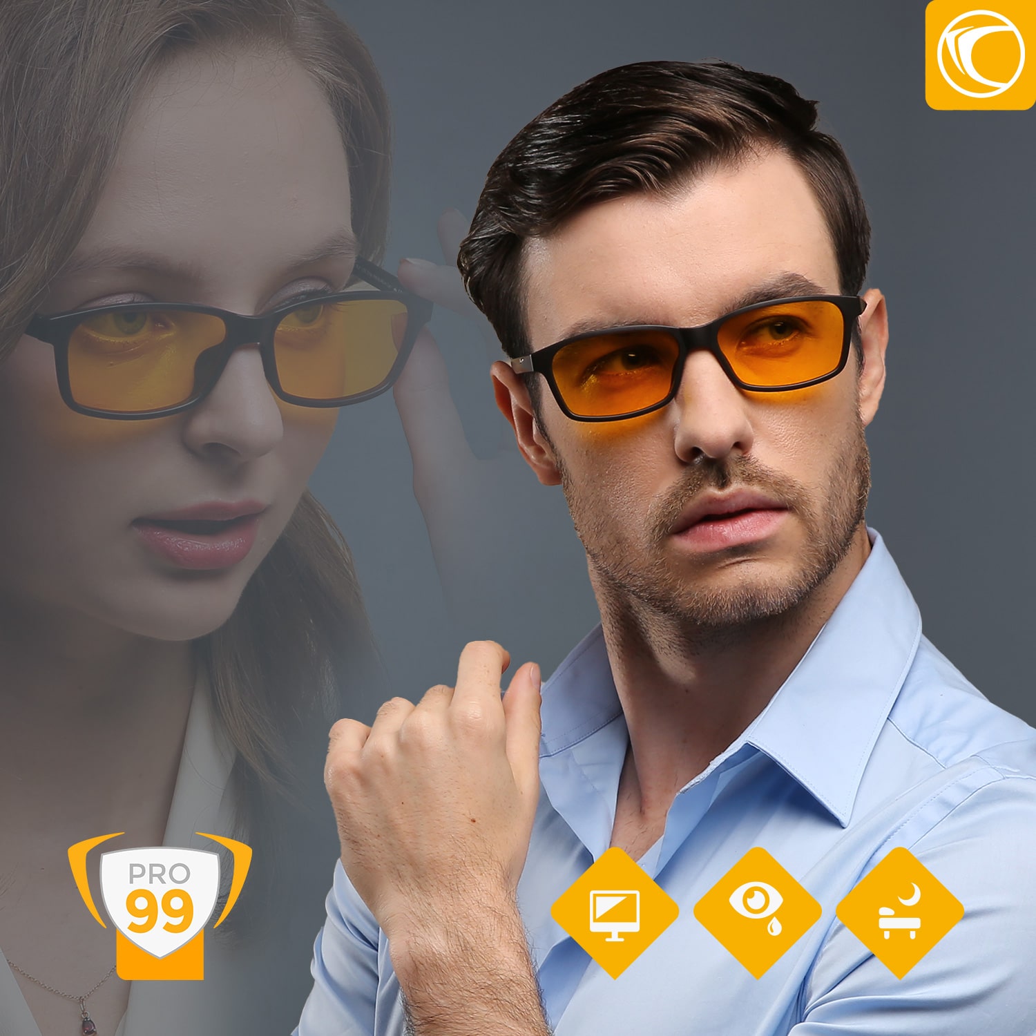 Porträt FREIBURG PRO99 Blaulichtfilter-Brille, trapezförmige Gläser, Vollrahmen EMS TR90, ergonomische Nasenpads