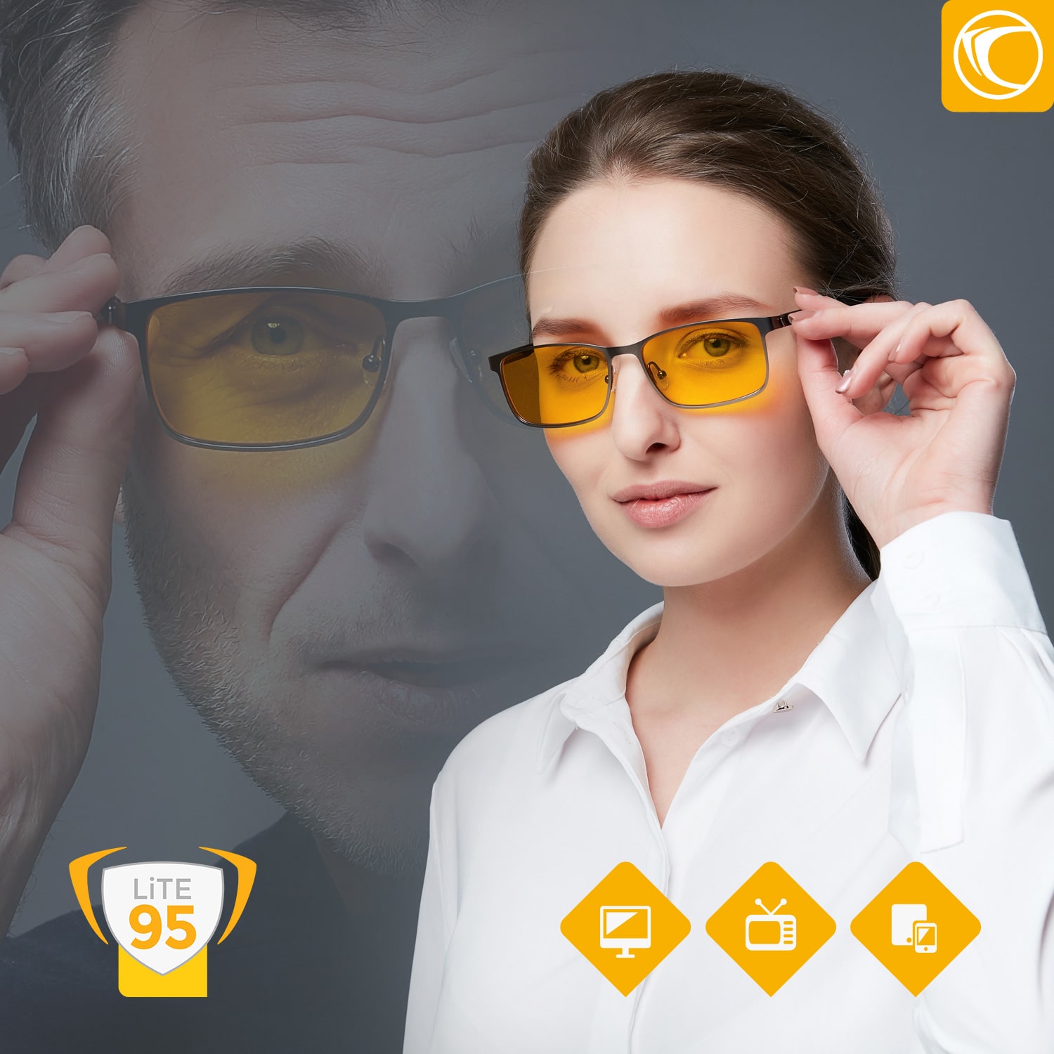 Portrait LIMBURG LITE95 blue light filter glasses, full frame, yellow-amber lenses, unisex, ergonomic & stylish