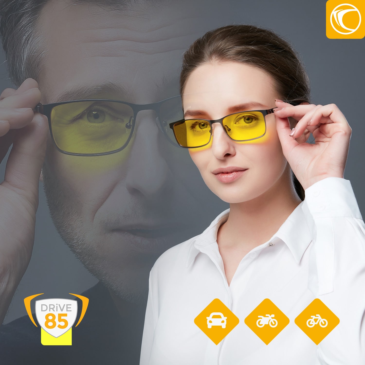 Portrait view of the LIMBURG DRIVE85 driver's glasses with light yellow-amber, anti-reflective lenses and UV protection