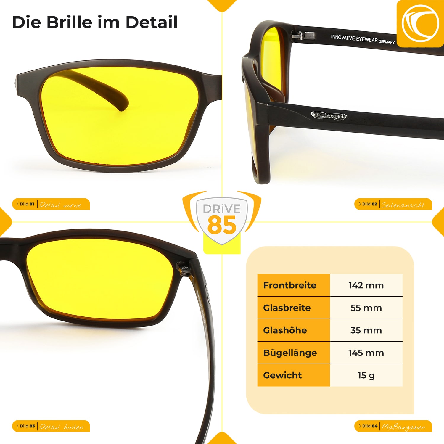 Dimensions of FREIBURG DRIVE85 driving glasses: Temple width 14 cm, temple length 14.5 cm, nose bridge 1.7 cm