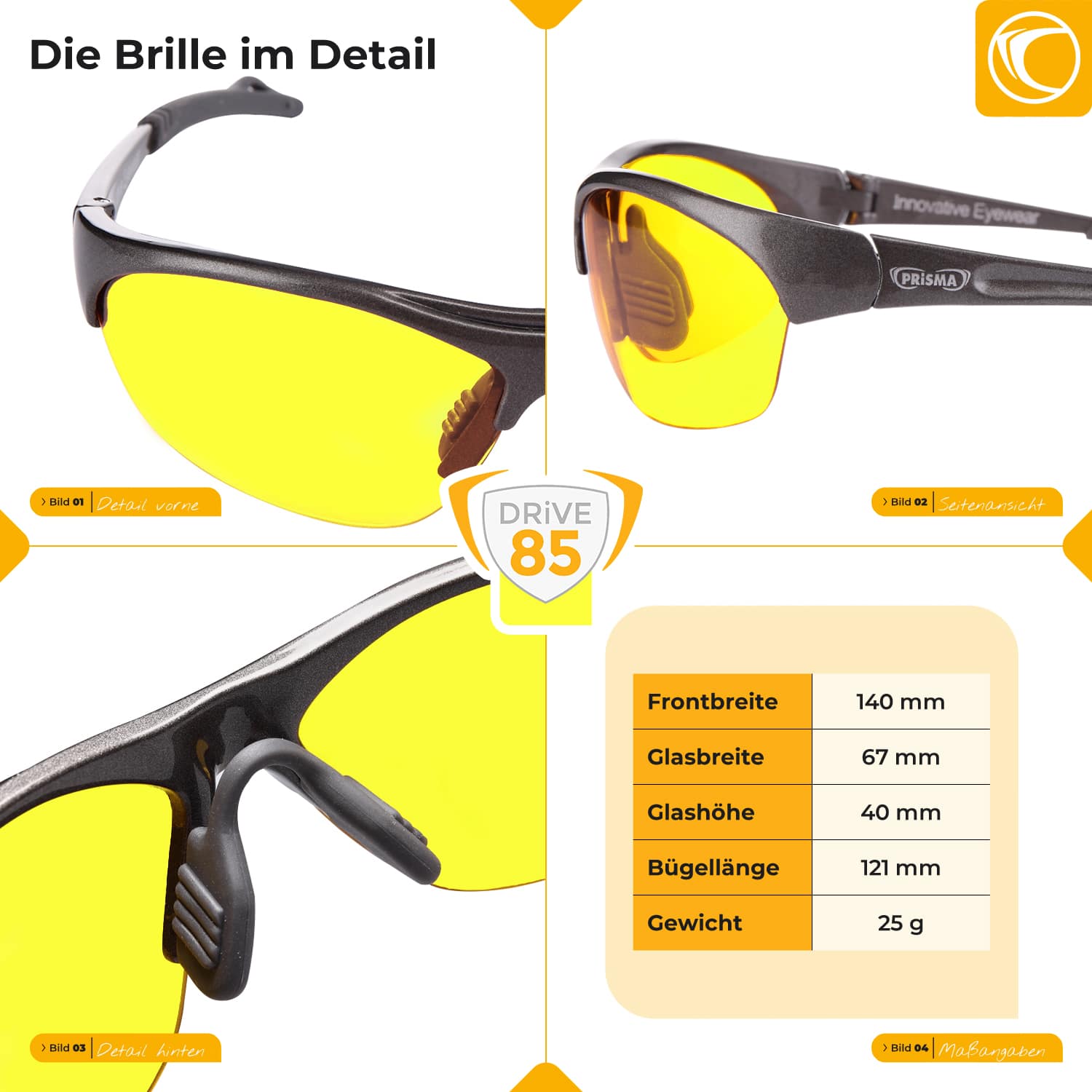 Detailed views of the CLASSIC DRIVE85 driver's glasses with yellow-tinted blue light filter lenses, ergonomic frame, and dimensions in the overview