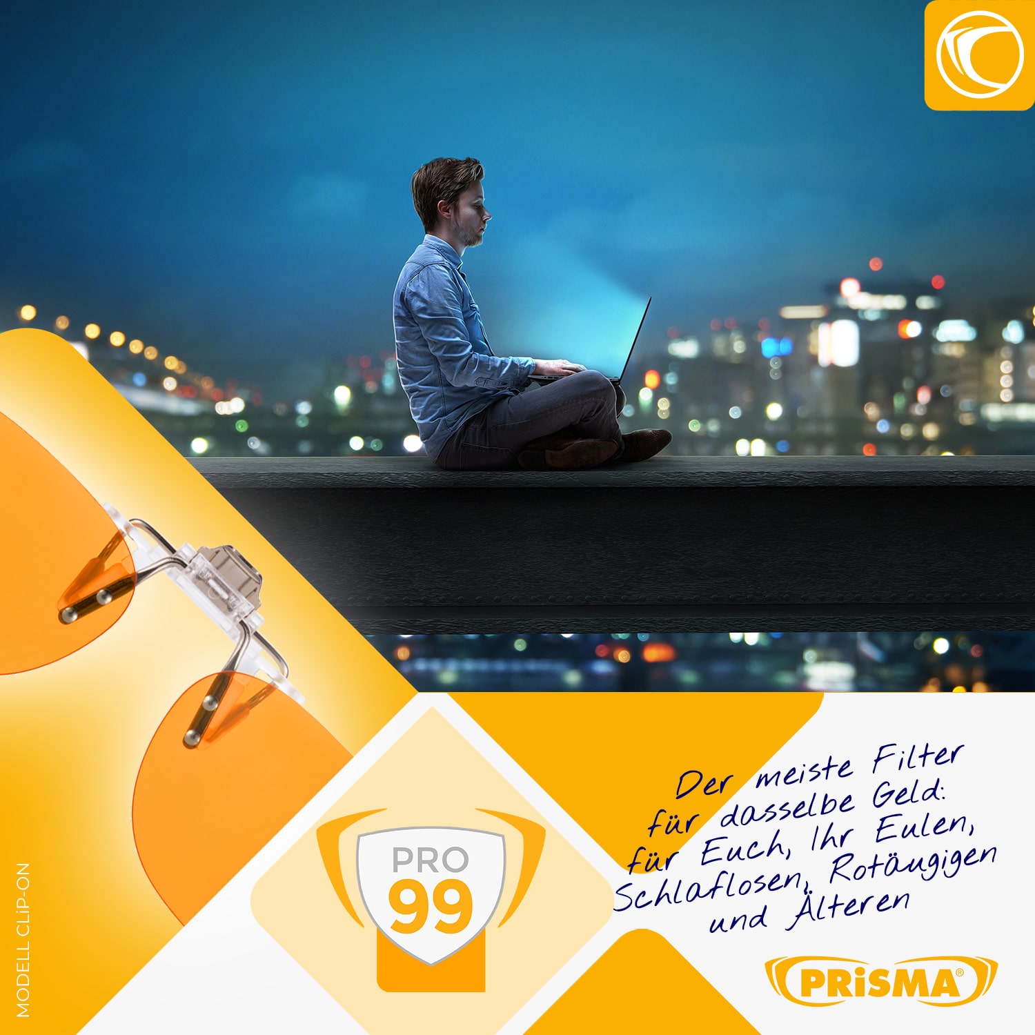 PRISMA PRO99 Clip-On im Einsatz bei Nacht – Blaulichtfilter mit orangefarbenen Gläsern für entspanntes Sehen und besseren Schlafrhythmus
