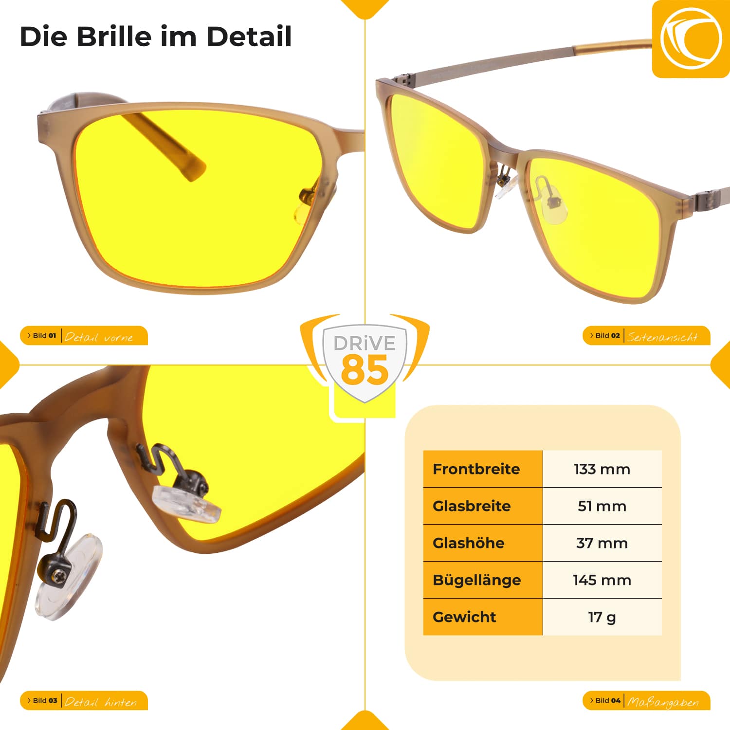 Technical details of the FRANKFURT DRIVE85 driving glasses – dimensions, lens size, and frame information for optimal comfort while driving