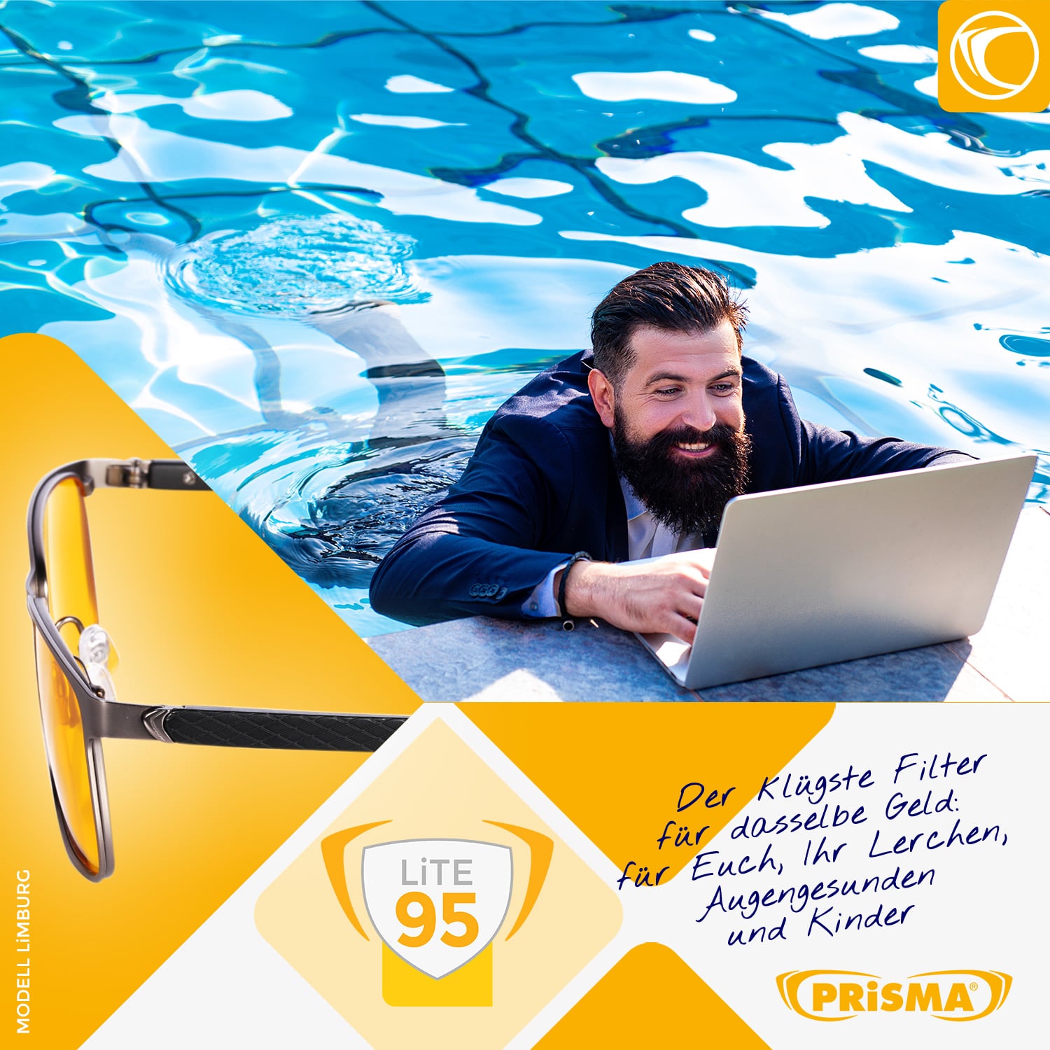 LIMBURG LITE95 Blue Light Filter Glasses Lifestyle, pool scene, stylish, unisex, high colour fidelity & comfortable