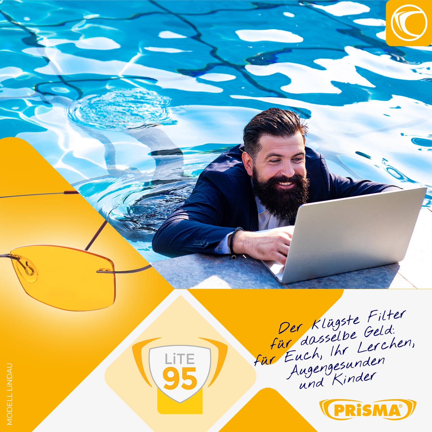LINDAU LITE95 blue light filter glasses by the pool – modern lifestyle, relaxed visual comfort