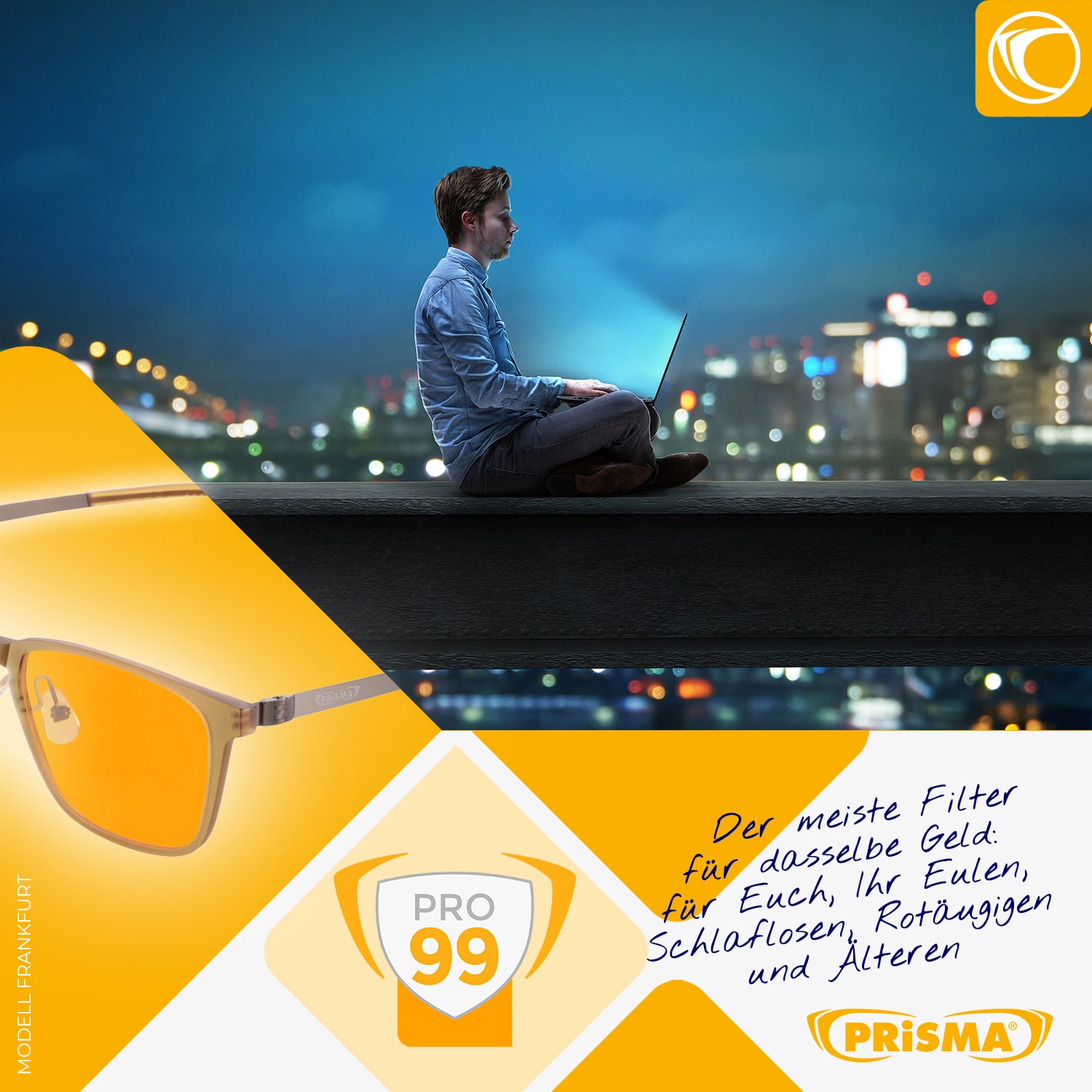 Frankfurt PRO99 Blaulichtfilter-Brille in Abend- und Nachtsituation – schützt Augen und unterstützt Melatoninproduktion