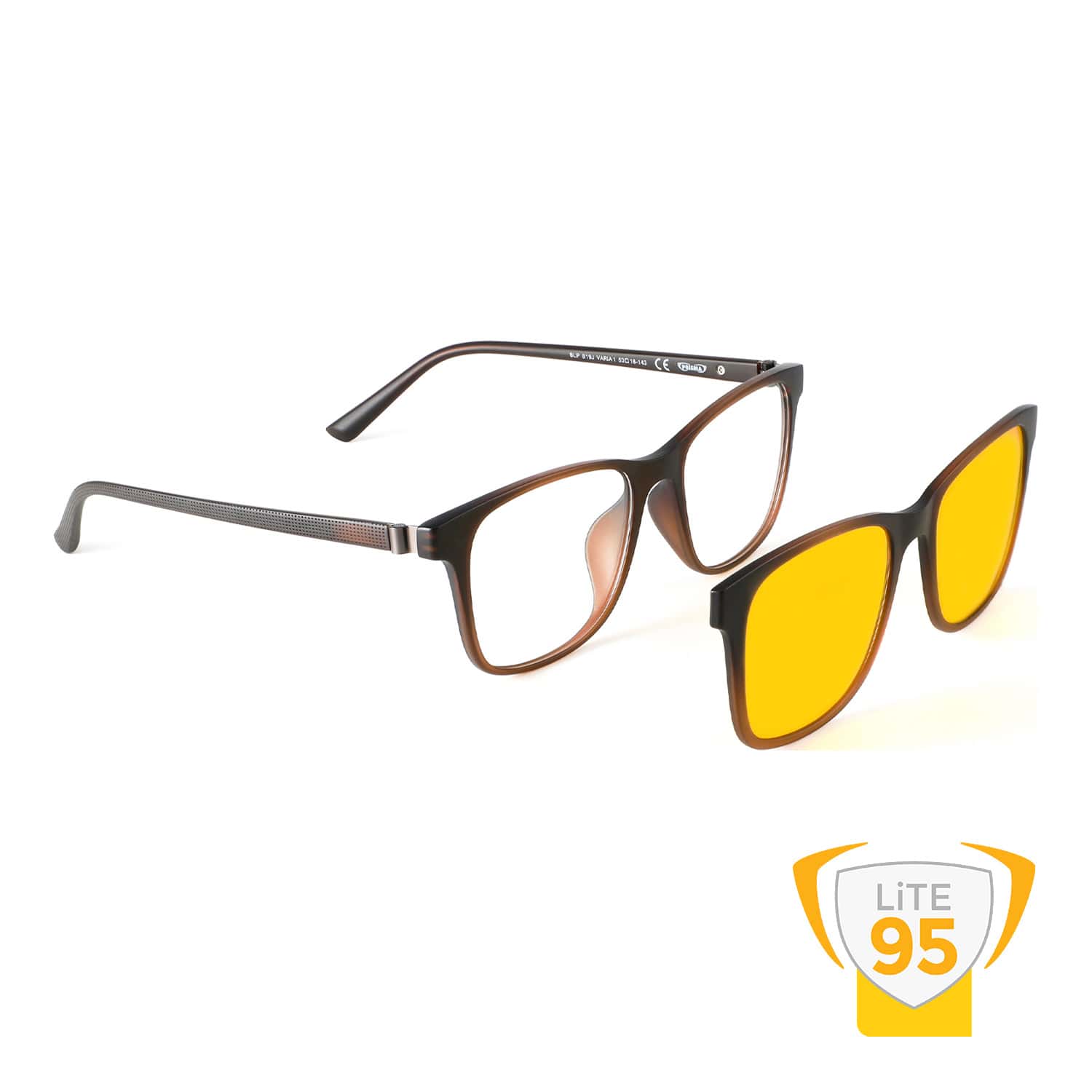 Magnetic clip and LITE95 VARiA1 blue light filter glasses for spectacle wearers