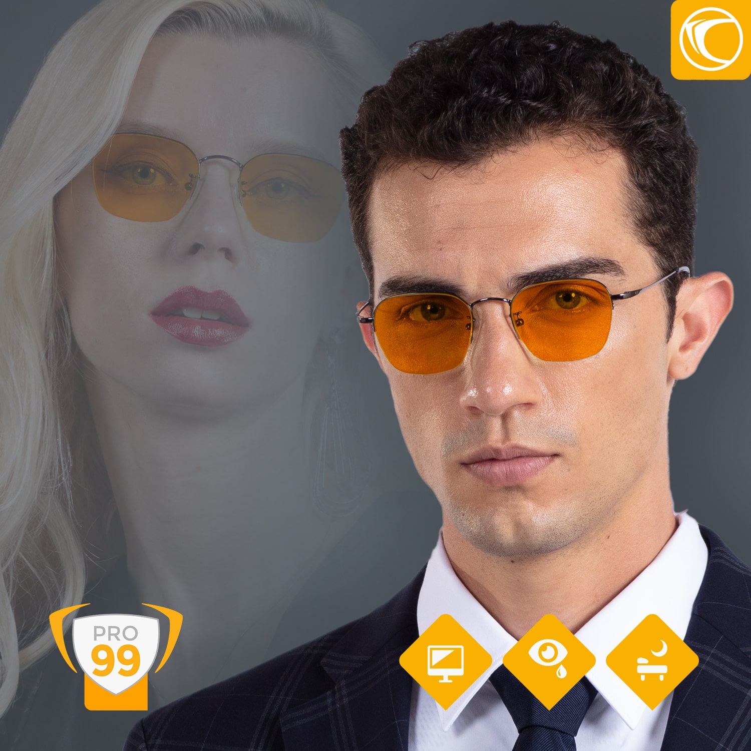 Porträt KAHLA PRO99 Blaulichtfilter-Brille, Halbrahmen, orange-amber Gläser, Unisex, hochwertiges Design